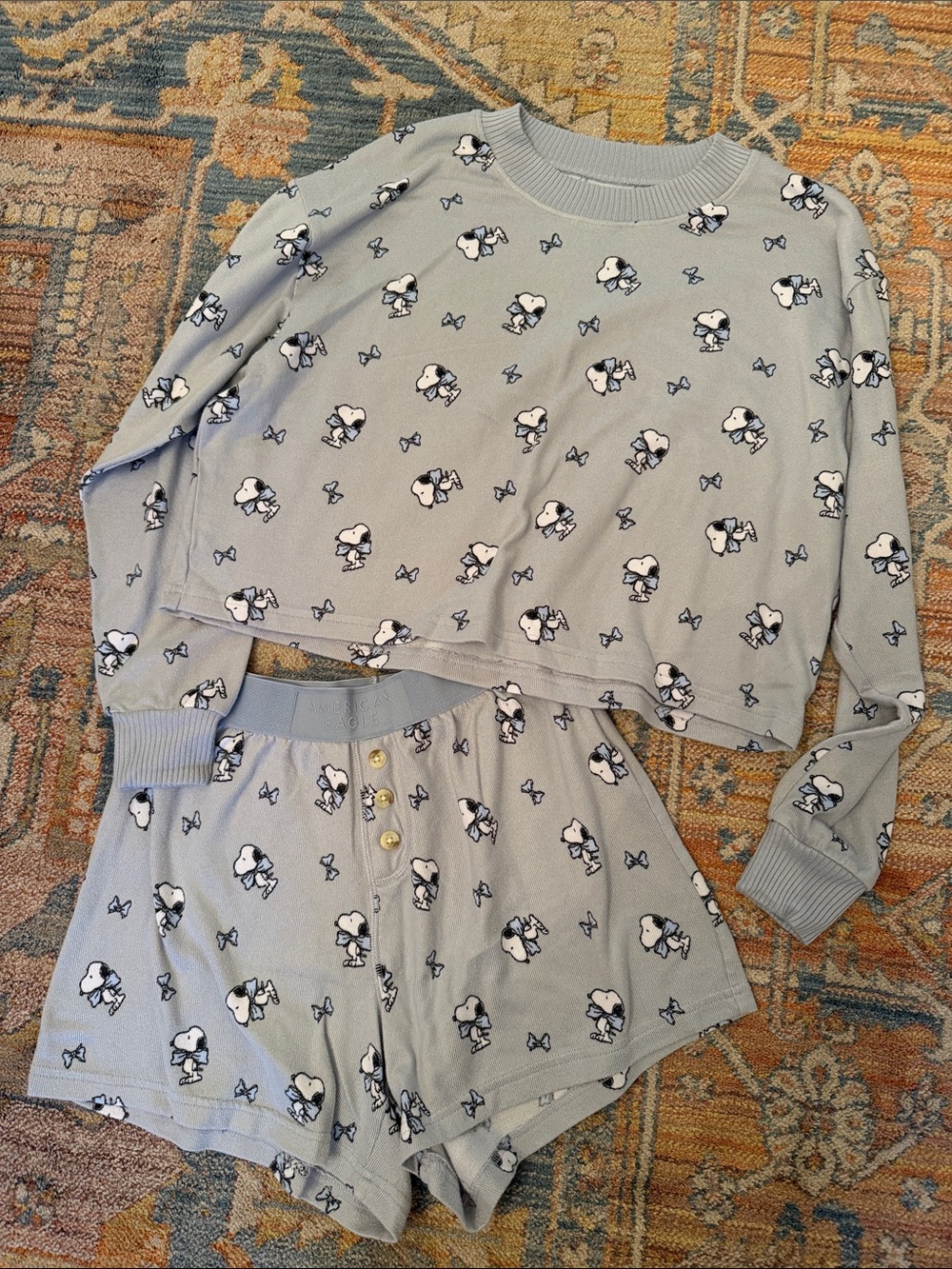 Women’s Light Blue Snoopy Print Pajama Set - Short Sleeve Top & Shorts
